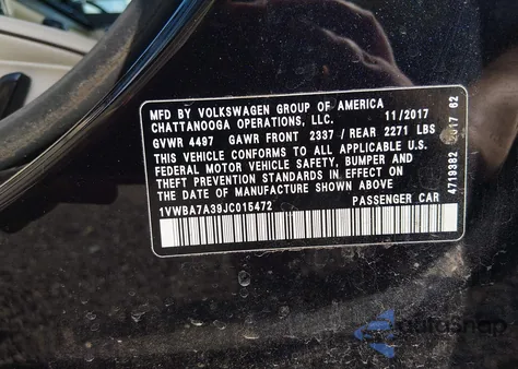 2018 Volkswagen Passat 2.0T Se from USA, damaged, VIN 1VWBA7A39JC015472